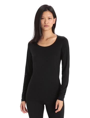 Women's Icebreaker Merino 200 Oasis Long Sleeve Scoop Neck Thermal Top Base Layers Black | CA 1070SGLO